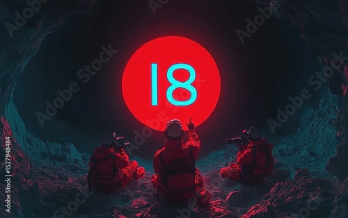 Cave explorers gaze at glowing red circle with number 18