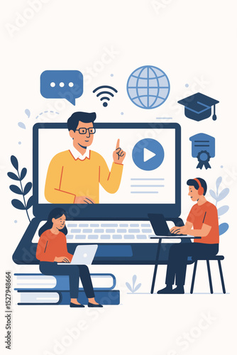 E-learning and online education concept. Students with laptops watch webinar with a teacher. Virtual classroom, distant learning, and digital course for knowledge and skill empowerment.