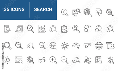 Search set of web icons in line style. Magnifying glass linear icon collection. Containing SEO, Digital marketing, data analysis, management, investigate, find and more. Editable stroke