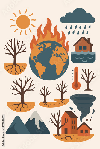 Global warming concept illustration set. Climate change icons with planet Earth on fire, flood, drought, tornado. Natural disaster and environmental crisis vector symbols collection.