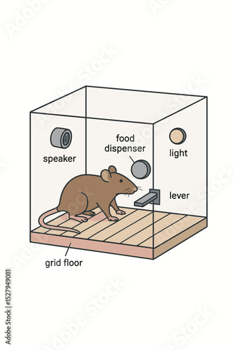 Skinner box diagram for operant conditioning experiment. Scientific illustration of a lab rat in animal behavior study. Psychology research on learning and reinforcement concept.