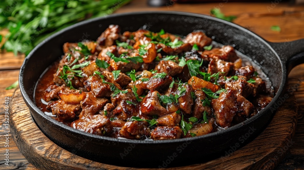A pan of beef stew with onions and parsley on a wooden table. A pan of beef stew with onions and parsley on a wooden table.