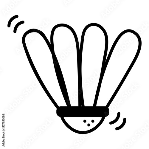 Solid icon of a badminton shuttlecock, rendered in black. It features a conical base with a series of distinct, solid feather shapes fanning out from it. Small, curved lines emanate from the top left 
