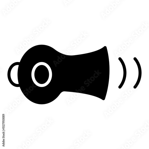 Solid icon depicting a classic whistle, oriented horizontally. It features a rounded mouthpiece with a small circular detail and a flared, trumpet-like end. Double curved lines emanate from the right 