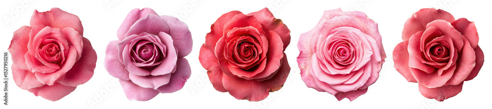 PNG Five roses in varying shades of pink and red in a row element set on transparent background. PNG Five roses in varying shades of pink and red in a row element set on transparent background.