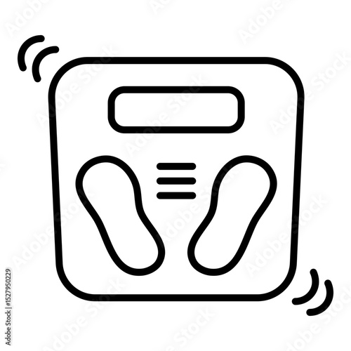 Line art representation of a modern weighing scale. The design showcases an outlined square form with rounded corners, containing detailed foot shape indicators and a rectangular display area. Minima