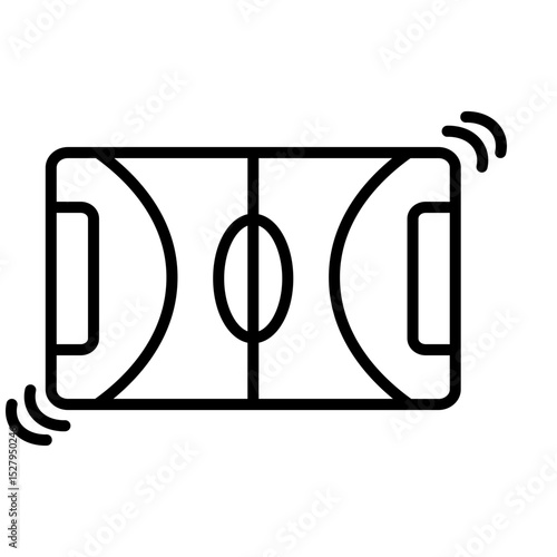 Line art illustration of a rectangular sports field layout. The design precisely outlines boundary lines, a central dividing line, and a mid-court circle. Semi-circular zones are distinctly marked at 