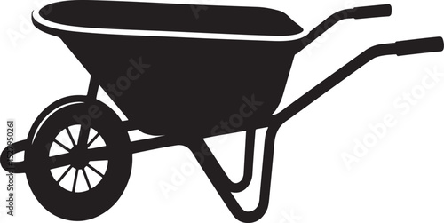 Black silhouette of a wheelbarrow garden tool.