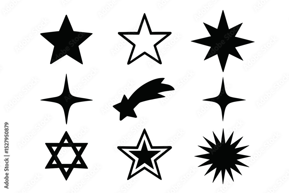 Obraz premium Various black star shapes and designs in a cartoon vector illustration icon isolated