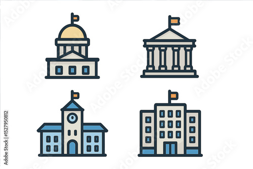 Cartoon vector icons presenting government buildings, university, and museum on white background