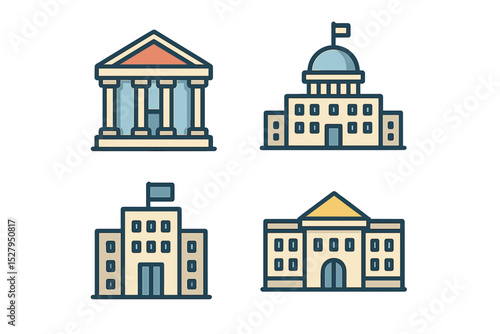 Cartoon vector illustration icon showing four different government buildings isolated on white