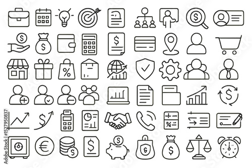 Business and finance black line icon collection, including briefcase, calendar, and piggy bank