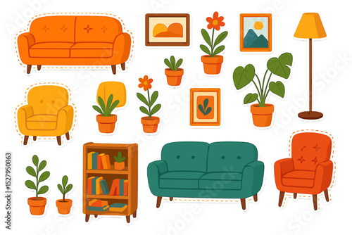 Collection of cartoon furniture and plants in a vector style for interior design, including sofas, chairs, and artwork
