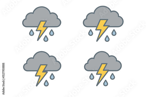 Four cartoon weather icons showing thunderstorms with lightning and rain