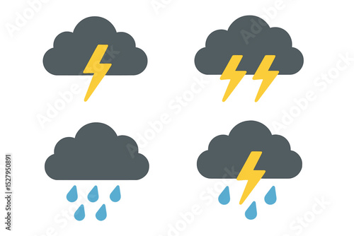 Weather cartoon icons set showing clouds, lightning bolts, and raindrops isolated