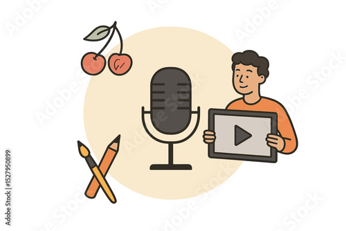 Man holding Tablet with Play Button near Microphone and Art Supplies Vector Art