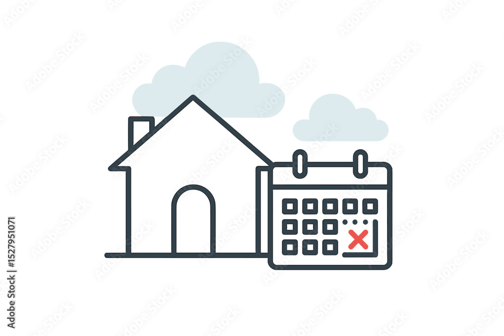 House icon beside a calendar with a date crossed out, showing appointment or moving day House icon beside a calendar with a date crossed out, showing appointment or moving day