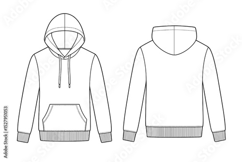 Hoodie outline vector illustration showing front and back view of blank fashionable sweatshirt for casual wear