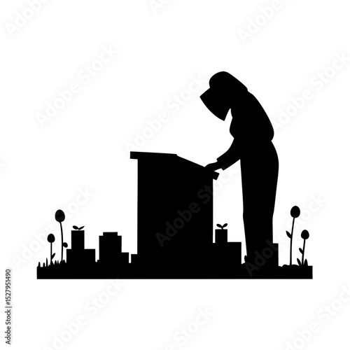 Beekeeper Tending to Beehive Silhouette Icon

