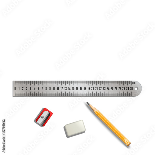 Metal centimeter ruler, used short pencil, red pencil sharpener realistic 3d vector objects isolated on white background top view, engineering, university or school educational poster, banner mockup.