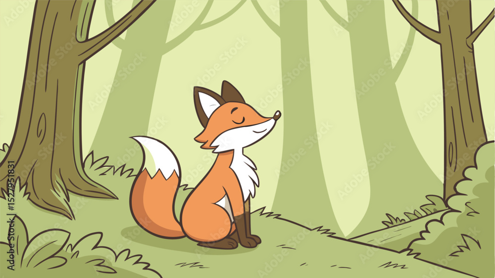 Obraz premium Adorable cartoon fox sitting in a tranquil forest on a sunny day