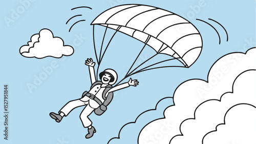 Happy skydiver with parachute and clouds in the sky outline vector illustration