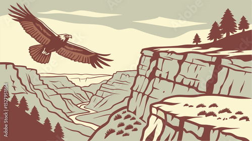 Majestic eagle soaring above a canyon landscape in a vintage retro illustration