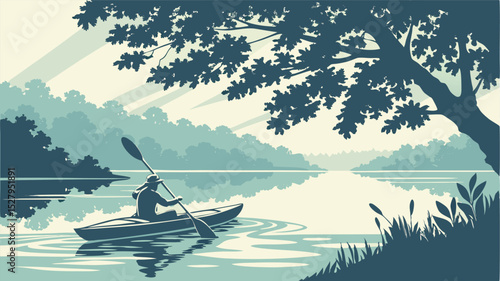 Kayaker paddling across a calm lake landscape under shady tree branches