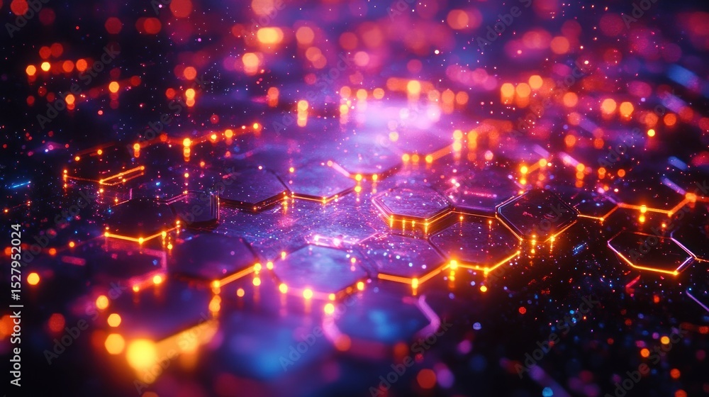 Fototapeta premium Abstract glowing hexagonal network with vibrant particles.