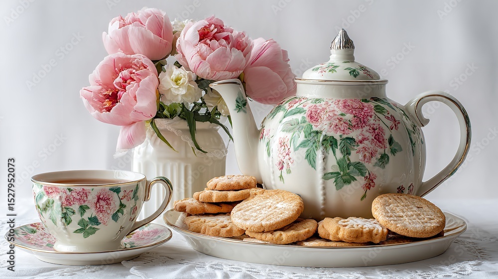 Still life of tea set with floral design peonies and cookies on a white lace tablecloth setting Still life of tea set with floral design peonies and cookies on a white lace tablecloth setting