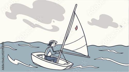 Hand drawn illustration of a person sailing a small boat on a watery surface