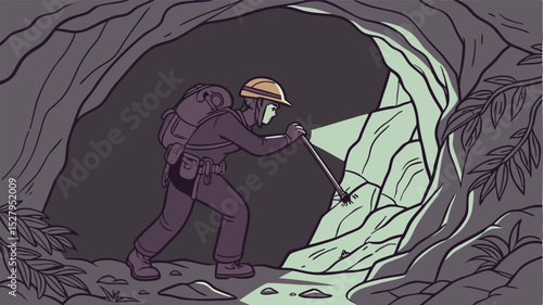 Adventurous explorer inside a cave with a torch in a detailed and illustrated scene