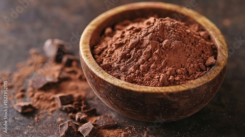 A wooden bowl filled with cocoa powder on a dark surface, with scattered cocoa powder and chocolate chunks around it.