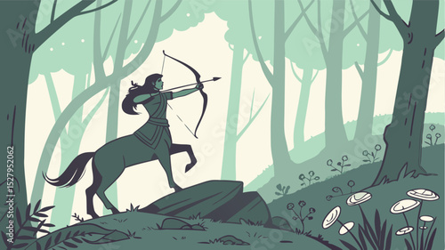Mythical centaur archer nock arrow in a lush forest landscape with transparency
