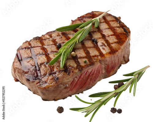 Grilled steak with rosemary on a transparent background. The meat is juicy with grill marks, garnished with fresh herbs and black peppercorns.