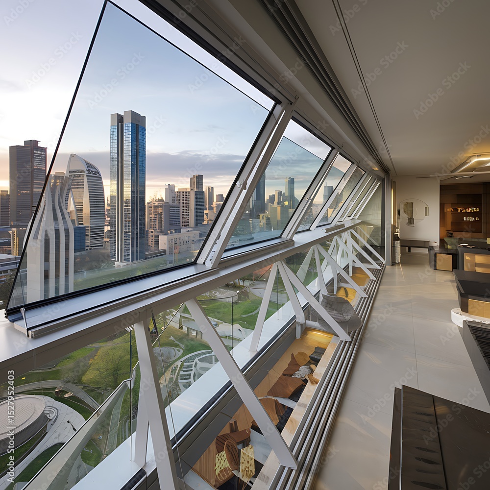 Obraz premium Panoramic Cityscape Viewed Through Modern Architectural Windows