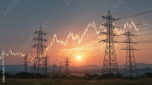 Electric power lines with energy market graph at sunset symbolizing electricity supply and price changes