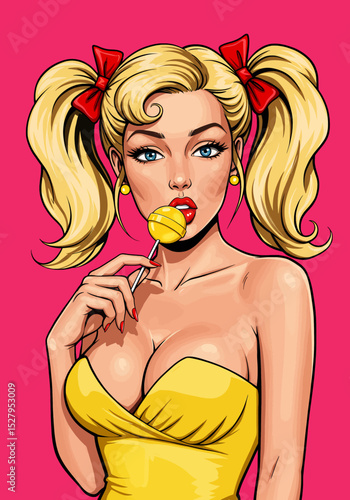A playful pop art vector illustration of a sexy pin-up girl provocatively licking a yellow lollipop. Ideal for retro and fun designs