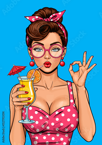 Retro pop art vector of a charming pin-up girl with vintage glasses, sipping a tropical cocktail with a straw and umbrella. embodying classic summer style.