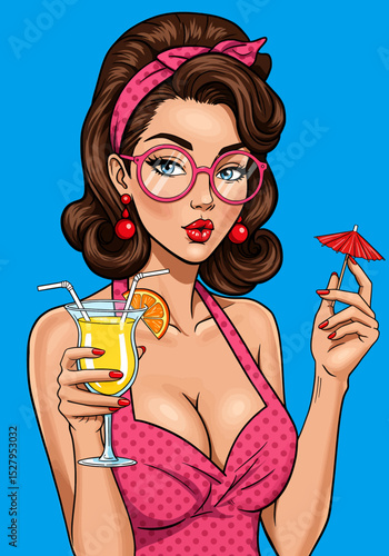 Retro pop art vector of a charming pin-up girl with vintage glasses, sipping a tropical cocktail with a straw and umbrella. embodying classic summer style.
