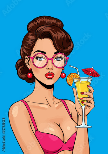 Retro pop art vector of a charming pin-up girl with vintage glasses, sipping a tropical cocktail with a straw and umbrella. embodying classic summer style.