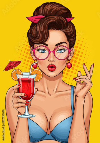 Retro pop art vector of a charming pin-up girl with vintage glasses, sipping a tropical cocktail with a straw and umbrella. embodying classic summer style.