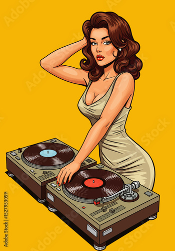 Vibrant pop art vector of a pin-up girl with voluminous brown hair and red lips, poised at a turntable. Ideal for music, retro, party, or DJ themes