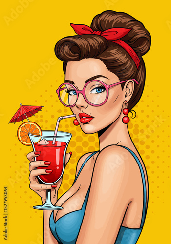 Retro pop art vector of a charming pin-up girl with vintage glasses, sipping a tropical cocktail with a straw and umbrella. embodying classic summer style.