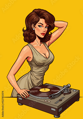 Vibrant pop art vector of a pin-up girl with voluminous brown hair and red lips, poised at a turntable. Ideal for music, retro, party, or DJ themes