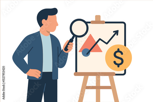Business analysis and financial growth with magnifying glass near easel diagram