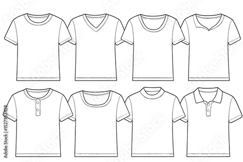 Various t-shirt templates featuring different necklines and styles isolated on white background