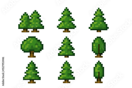Collection of varied style pixel art trees for game development, representing diverse forest ecosystems