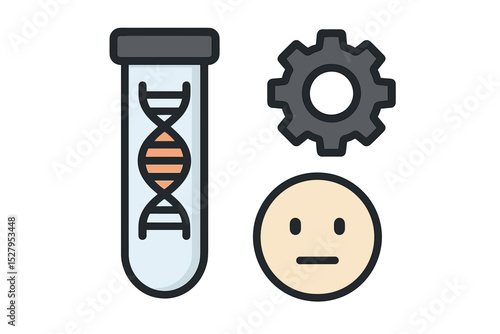 Illustration depicts dna in test tube, cogwheel, and neutral facial expression for genetic engineering concept