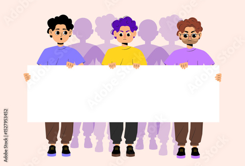 A group of guys at a protest. Three cartoon guys holding big blank sign with crowd silhouette behind them flat vector for campaign or message